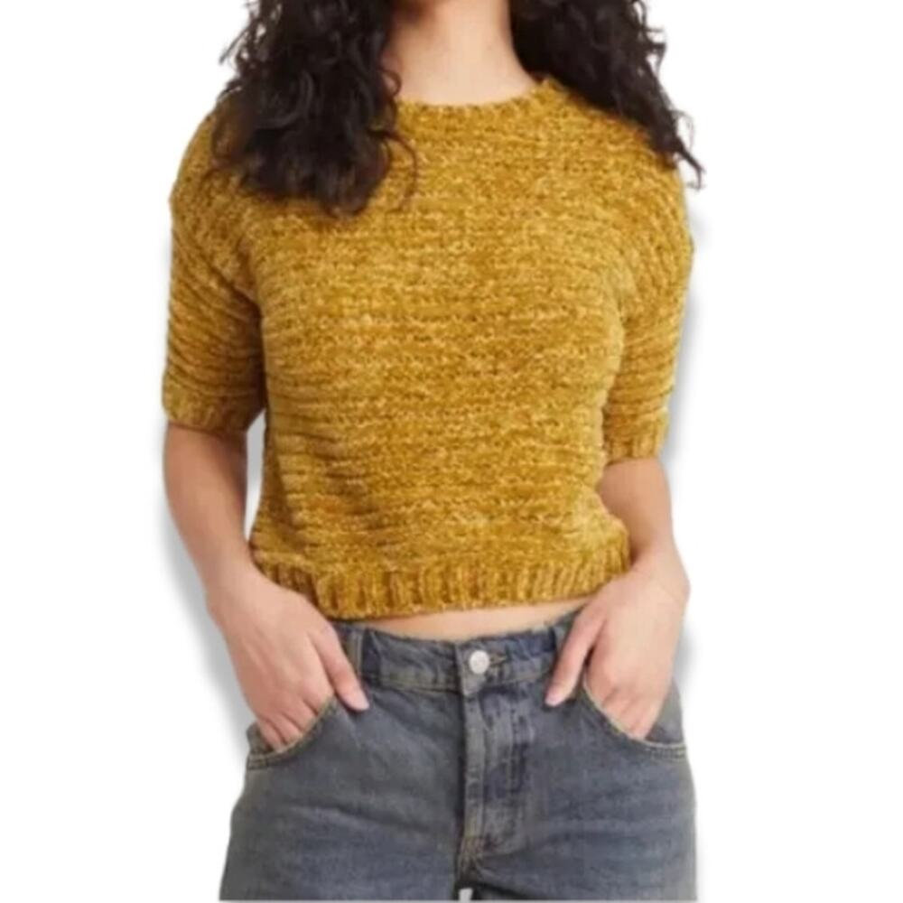 Open Edit Sweater Short Sleeve Crop Jumper Loose Knit Green Gold W Medium NWT